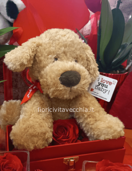 scatola con peluche e rosa stabilizzata